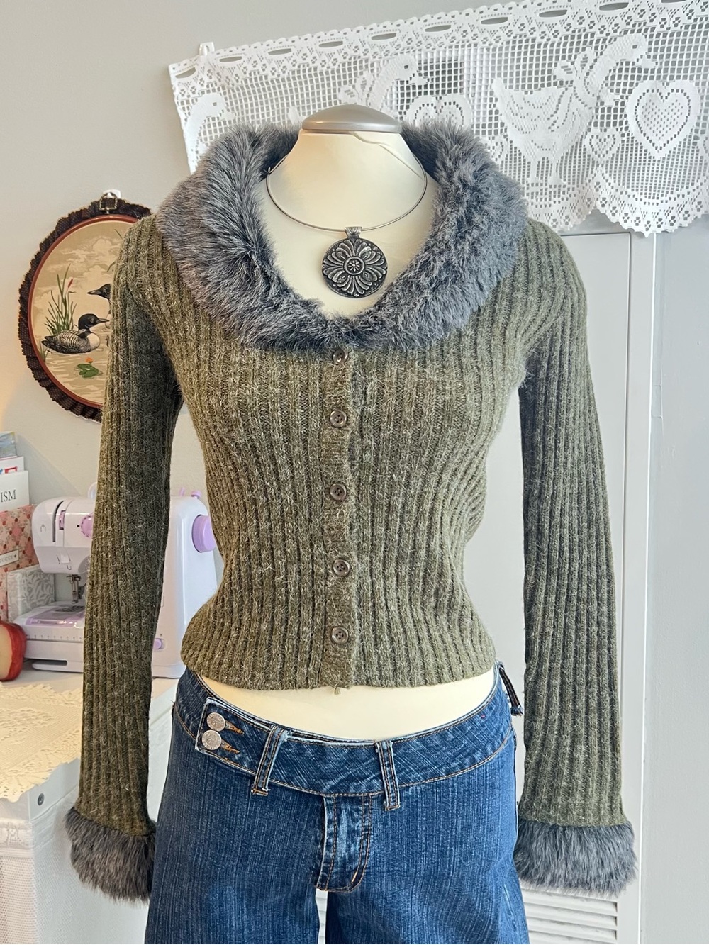 Y2K Green Ribbed Knit Cardigan with Gray Faux Fur Trim